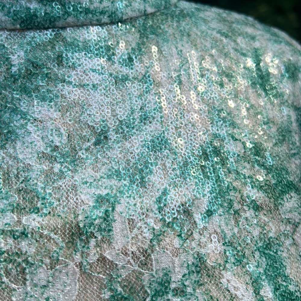 cocktail dress size 12 Badgley Mischka white green Sequin Palm Puff Sleeve - Picture 11 of 13